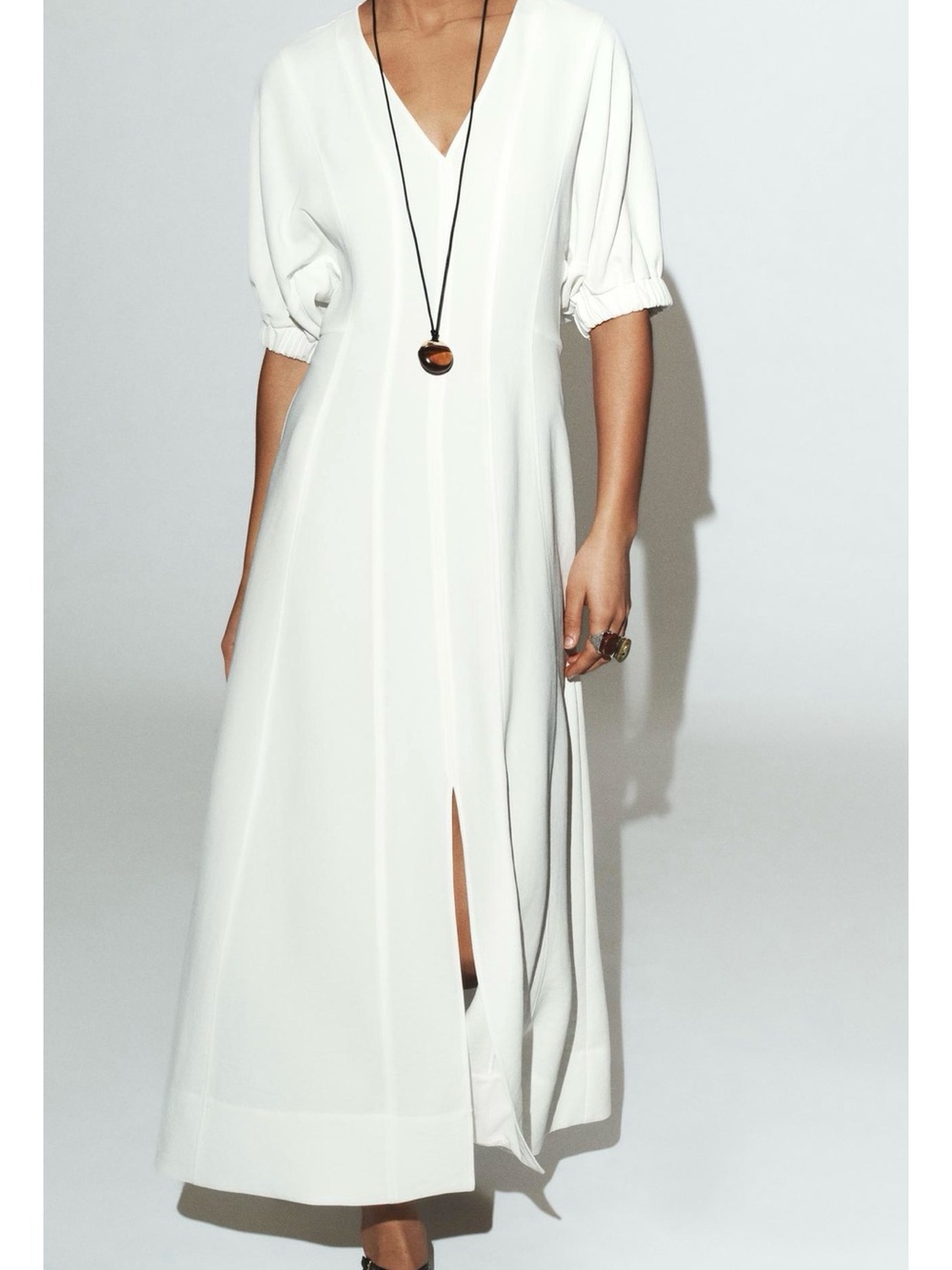 ZARA Ivory V-Neck Balloon Puff Sleeve MIDI Dress - Picture 3 of 8